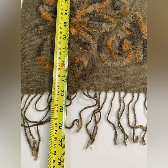 Coldwater Creek Wool blend Embroidered Wrap Dark Olive Green Fringe trim - Picture 5 of 11